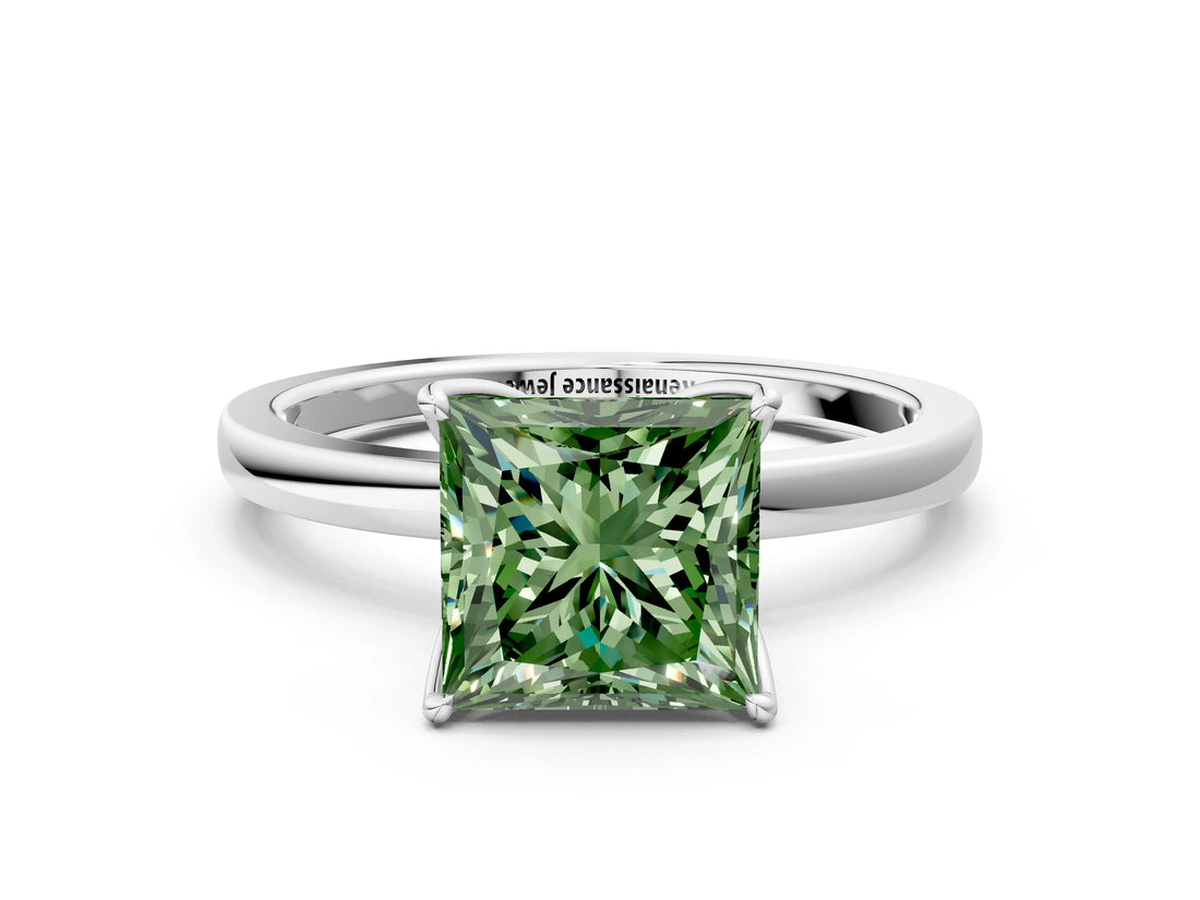 White gold Fancy Green Princess  Solitaire Diamond Ring with Thin Band and Four-Prong Setting_72