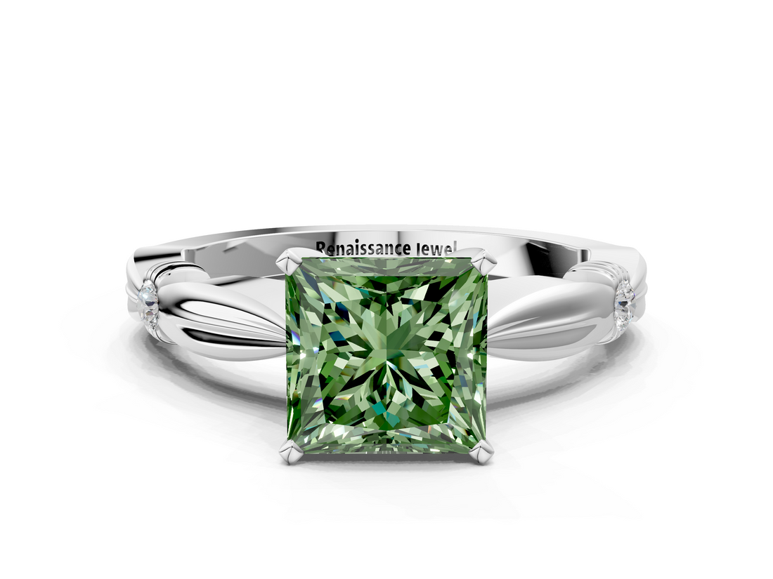 White gold Fancy Green Princess  Solitaire Diamond Twisted Band with Four-Prong Setting
