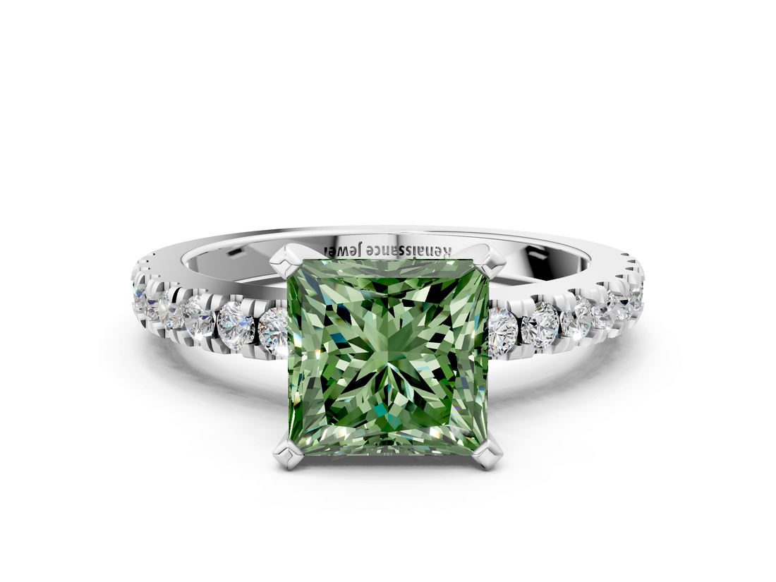White gold Fancy Green Princess  Solitaire Diamond with Pavé Band and Four-Prong Setting