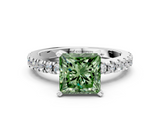 White gold Fancy Green Princess  Solitaire Diamond with Pavé Band and Four-Prong Setting