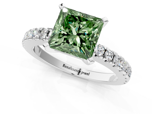 Platinum Fancy Green Princess  Solitaire Diamond with Pavé Band and Four-Prong Setting