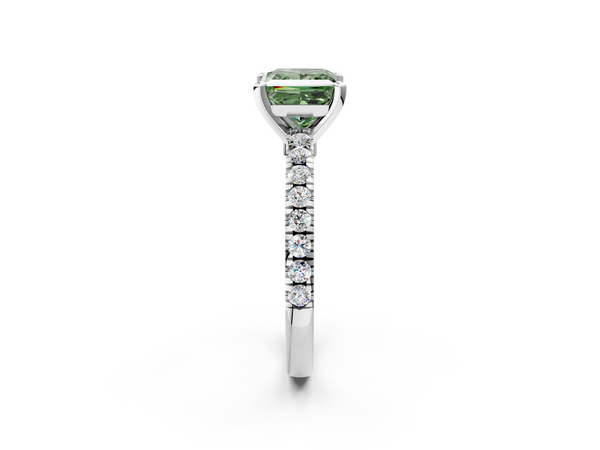 Platinum Fancy Green Princess  Solitaire Diamond with Pavé Band and Four-Prong Setting