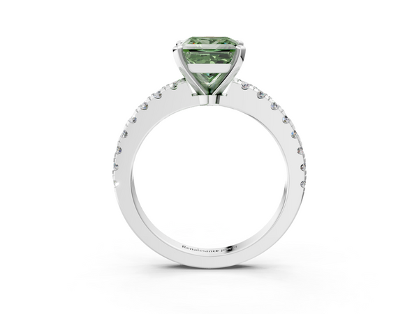 Platinum Fancy Green Princess  Solitaire Diamond with Pavé Band and Four-Prong Setting