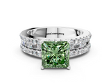 White gold Fancy Green Princess  Solitaire Diamond with Pave and Channel Set Band