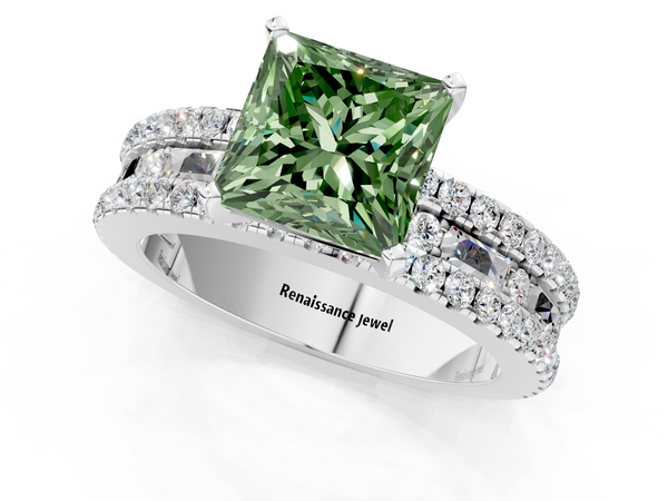 Platinum Princess Cut Pave and Baguette Engagement Ring Setting for Fancy Green Center