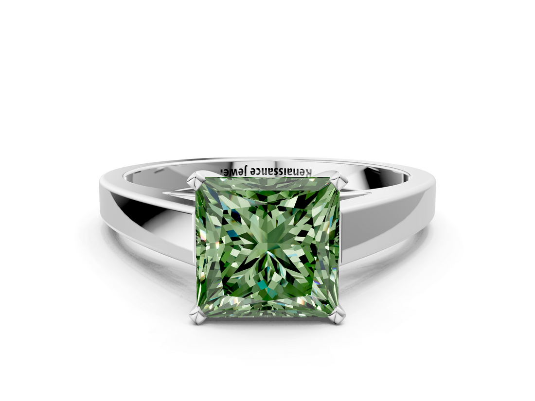 White gold Fancy Green Princess  Solitaire Engagement Ring with Four-Prong Setting and Tapered Band_3