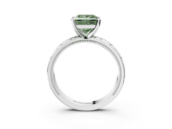 White gold Fancy Green Princess  Solitaire Engagement Ring with Scrollwork Band and Four-Prong Setting