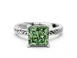 White gold Fancy Green Princess  Solitaire Engagement Ring with Scrollwork Band and Four-Prong Setting