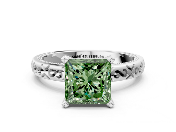 White gold Fancy Green Princess  Solitaire Engagement Ring with Scrollwork Band and Four-Prong Setting