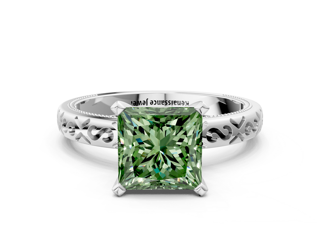 White gold Fancy Green Princess  Solitaire Engagement Ring with Scrollwork Band and Four-Prong Setting