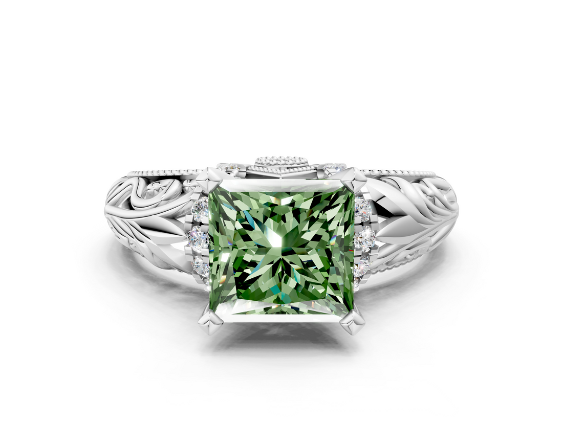 White gold Fancy Green Princess  Solitaire Filigree Engagement Ring with Halo and Prong Setting