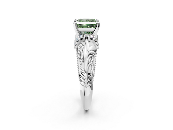 Platinum Fancy Green Princess  Solitaire Filigree Engagement Ring with Halo and Prong Setting