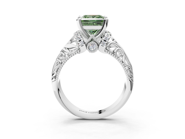 Platinum Fancy Green Princess  Solitaire Filigree Engagement Ring with Halo and Prong Setting