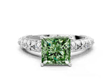 White gold Fancy Green Princess  Solitaire Floral Milgrain Engagement Ring_43