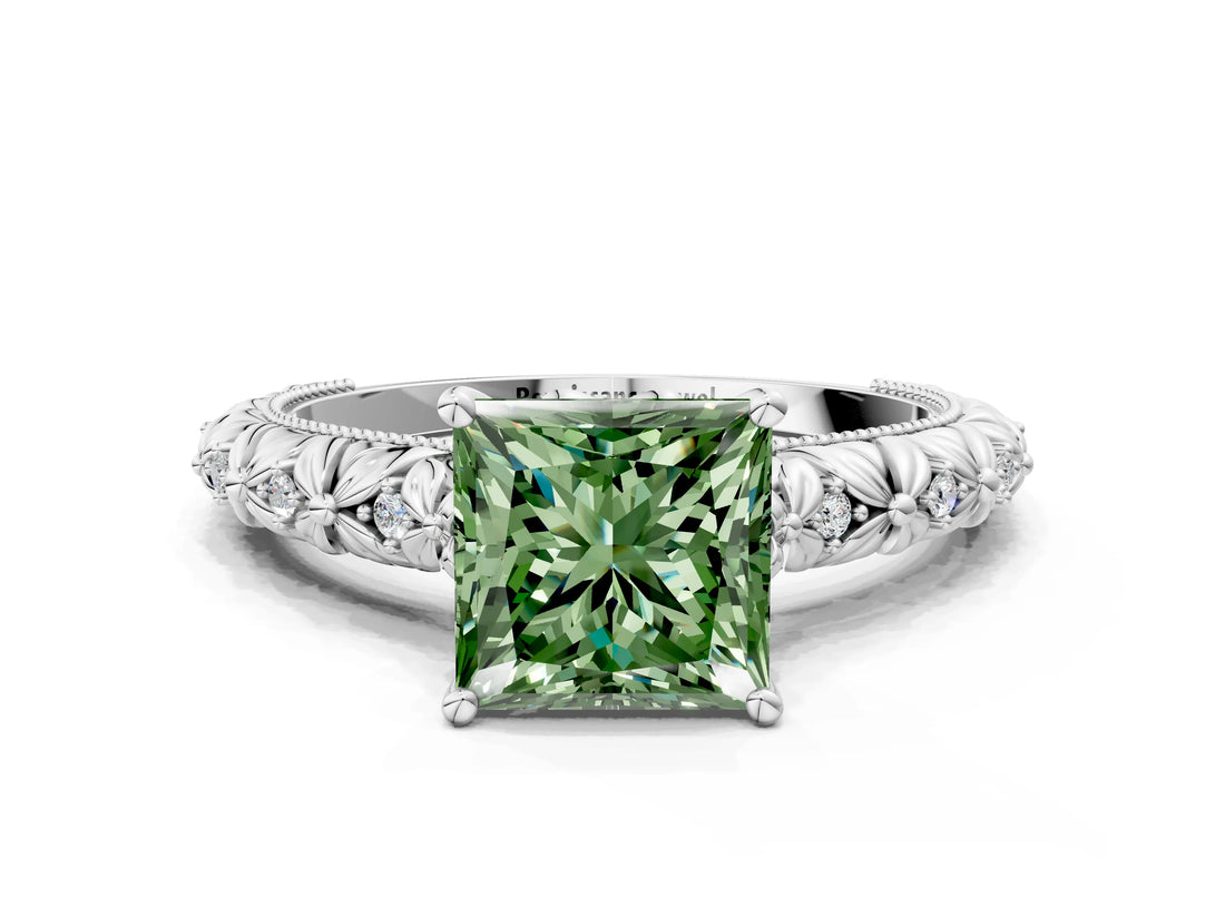 White gold Fancy Green Princess  Solitaire Floral Milgrain Engagement Ring_43