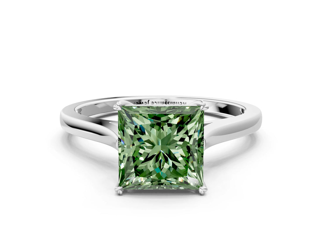 White gold Fancy Green Princess  Solitaire Heart Prong Engagement Ring with Tapered Band_34