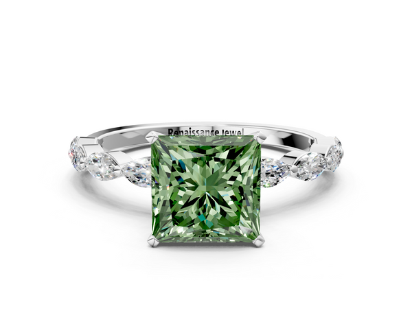Platinum Fancy Green Princess Cut Diamond Ring with Marquise Side Stones and Prong Setting
