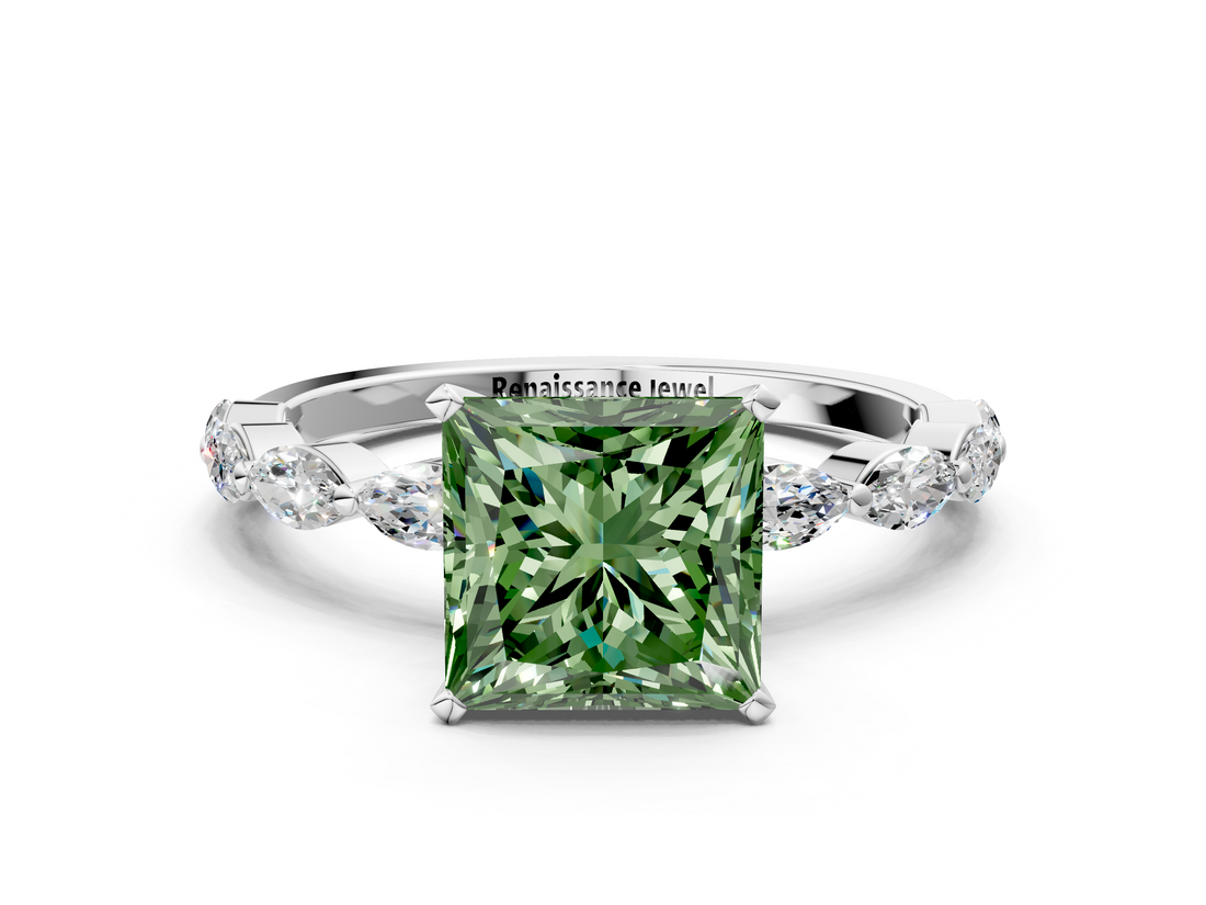 White gold Fancy Green Princess  Solitaire Marquise Side Stone Prong Setting Ring