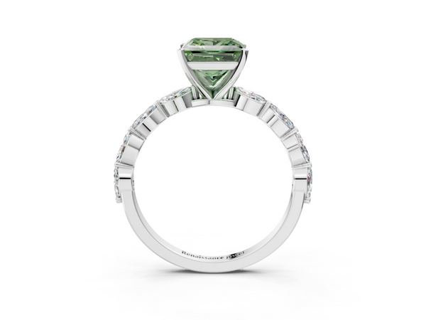 Platinum Fancy Green Princess Cut Diamond Ring with Marquise Side Stones and Prong Setting