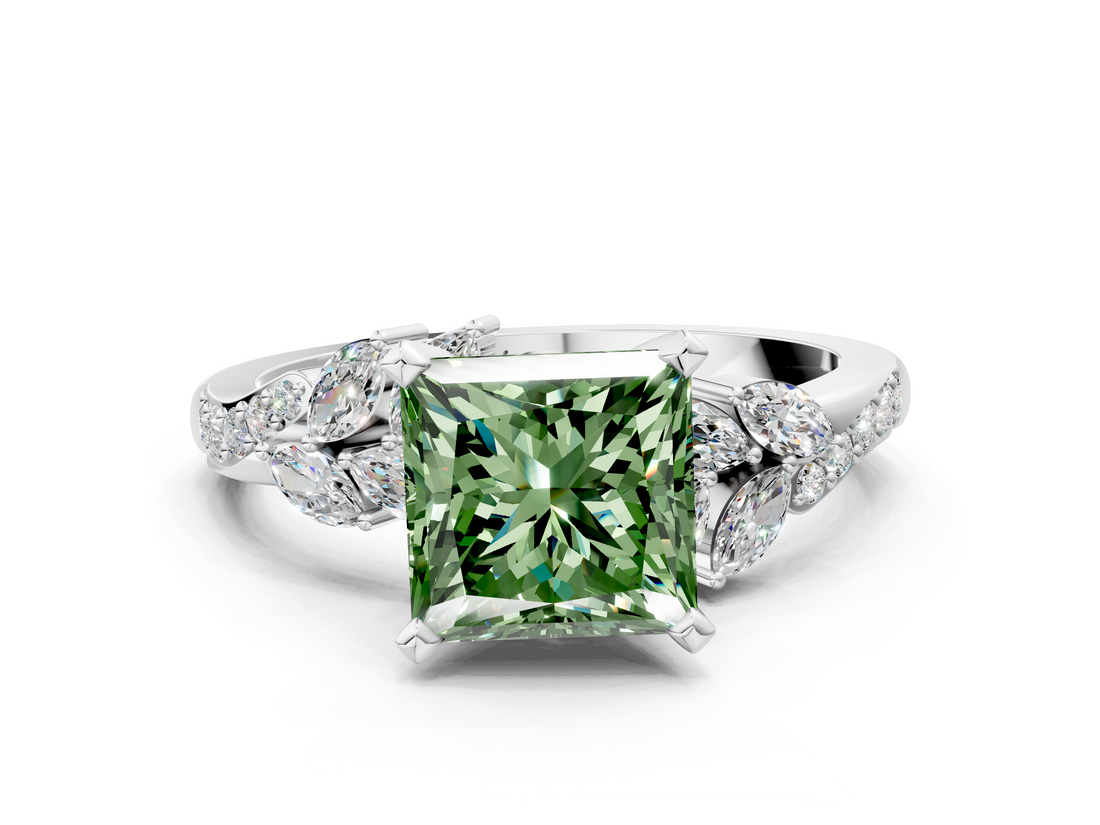 White gold Fancy Green Princess  Solitaire Marquise Twist Band with Six-Prong Setting