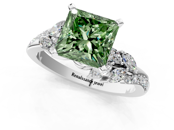 White gold Fancy Green Princess  Solitaire Marquise Twist Band with Six-Prong Setting