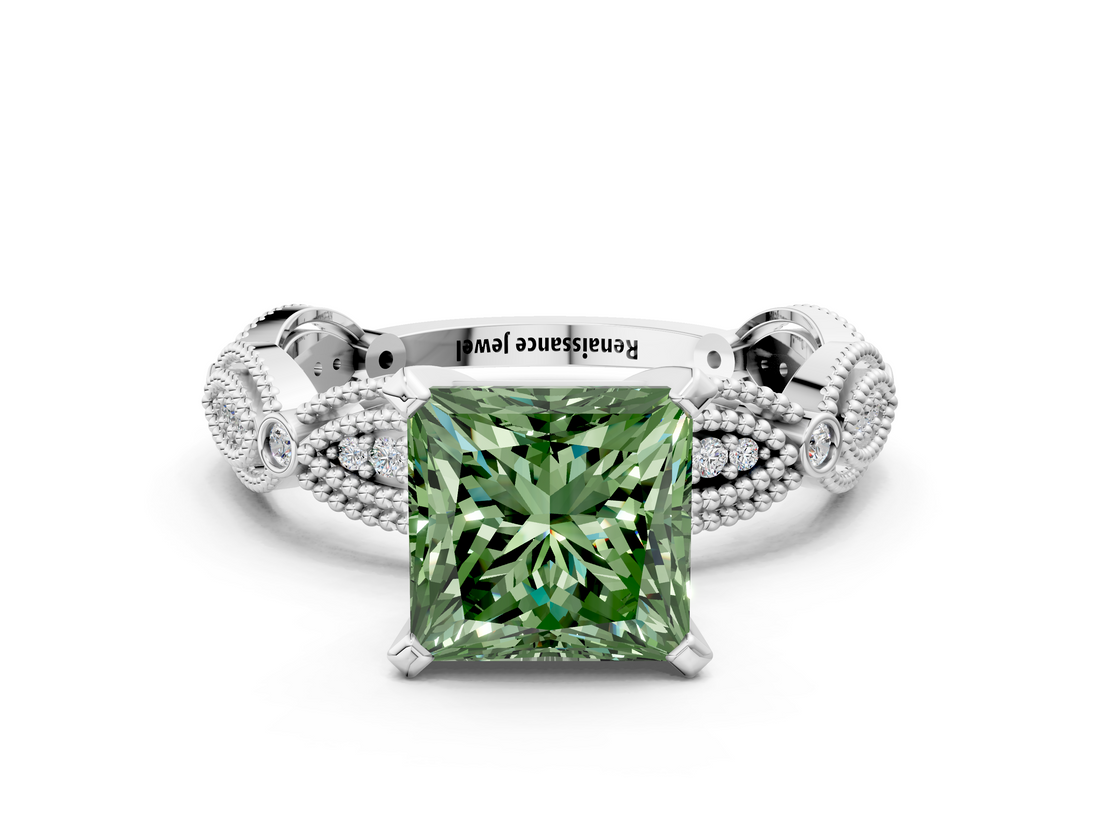 White gold Fancy Green Princess  Solitaire Milgrain Diamond Engagement Ring with Bezel and Marquise Band