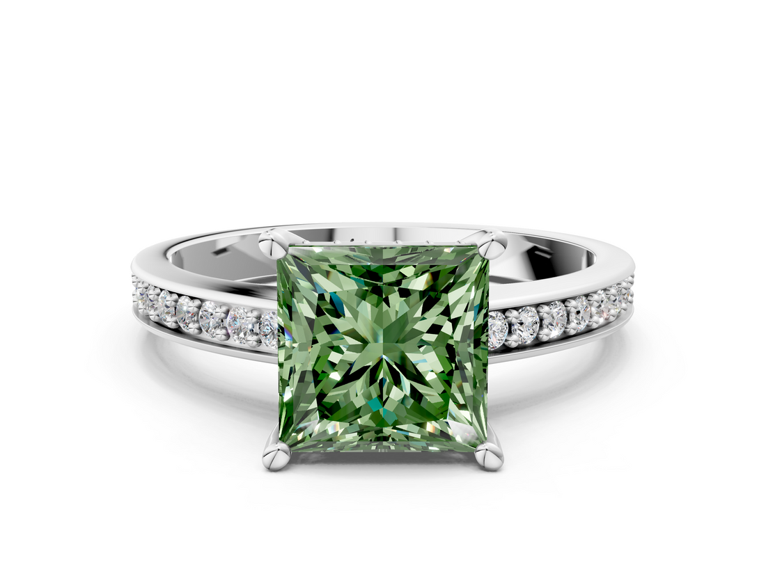 White gold Fancy Green Princess  Solitaire Pavé Band Prong Setting Ring