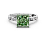 White gold Fancy Green Princess  Solitaire Pavé Band Prong Setting Ring