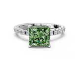 White gold Fancy Green Princess  Solitaire Pavé Band with Four-Prong Setting