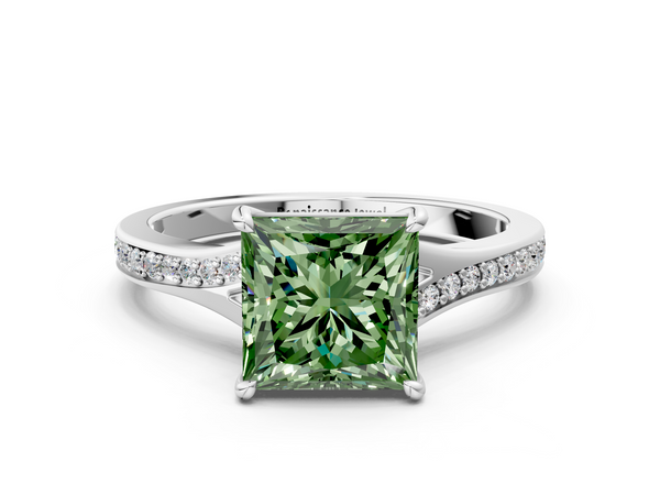 White gold Fancy Green Princess Cut Diamond Solitaire Ring with Pavé Band and Prong Setting