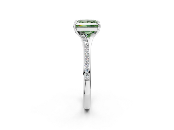 White gold Fancy Green Princess Cut Diamond Solitaire Ring with Pavé Band and Prong Setting