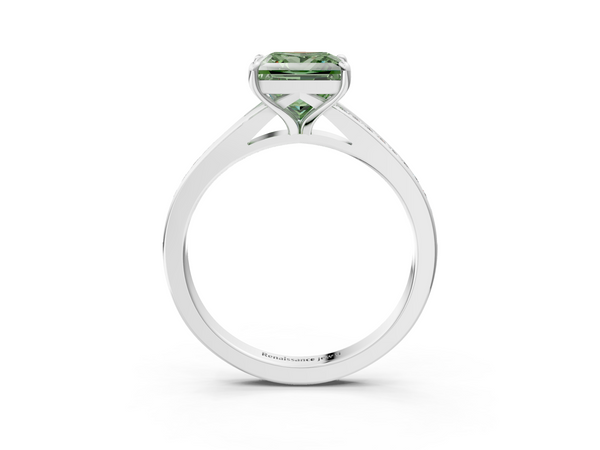 White gold Fancy Green Princess Cut Diamond Solitaire Ring with Pavé Band and Prong Setting