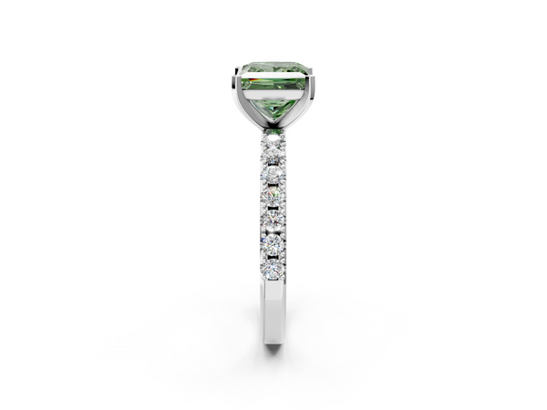 White gold Fancy Green Princess Cut Diamond Solitaire Pavé Band with Four-Prong Setting