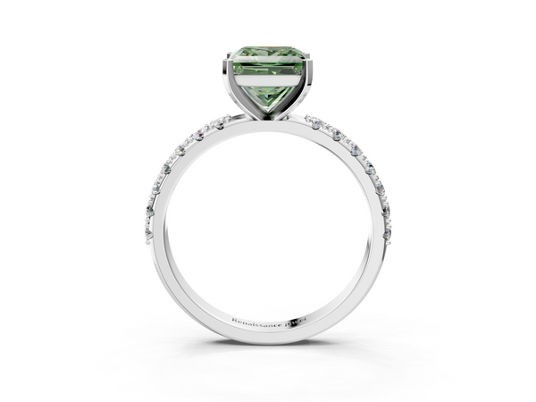 White gold Fancy Green Princess Cut Diamond Solitaire Pavé Band with Four-Prong Setting