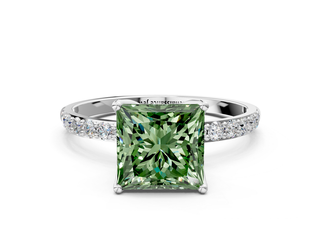 White gold Fancy Green Princess  Solitaire Pavé Diamond Engagement Ring with Four-Prong Setting