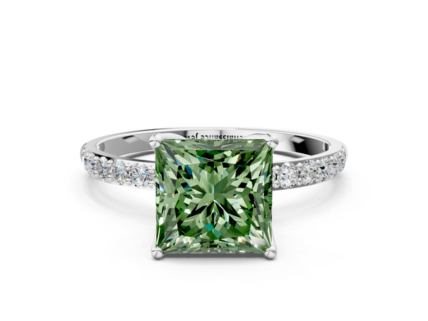 Platinum Fancy Green Princess Cut Diamond Solitaire Engagement Ring with Round  Pavé Band and Prong Setting