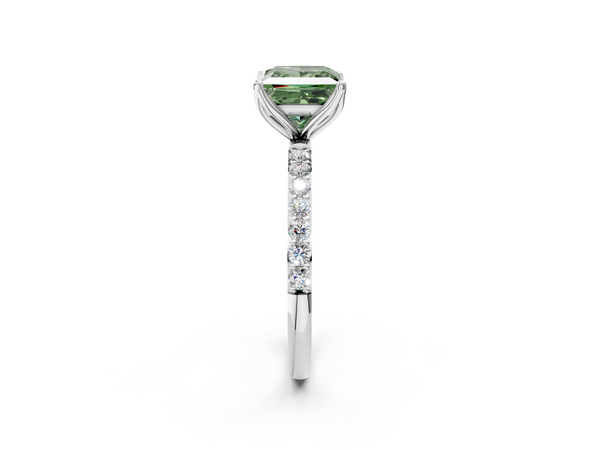 Platinum Fancy Green Princess Cut Diamond Solitaire Engagement Ring with Round  Pavé Band and Prong Setting