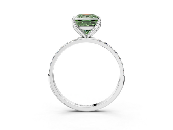 Platinum Fancy Green Princess Cut Diamond Solitaire Engagement Ring with Round  Pavé Band and Prong Setting