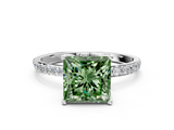 White gold Fancy Green Princess  Solitaire Pavé Diamond Engagement Ring with Four-Prong Setting