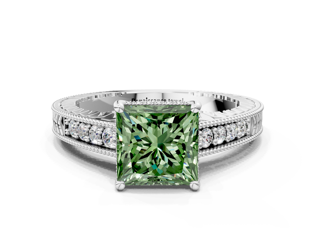 White gold Fancy Green Princess  Solitaire Pavé Diamond Milgrain Engagement Ring with Four-Prong Setting