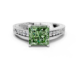 White gold Fancy Green Princess  Solitaire Pavé Diamond Milgrain Engagement Ring with Four-Prong Setting