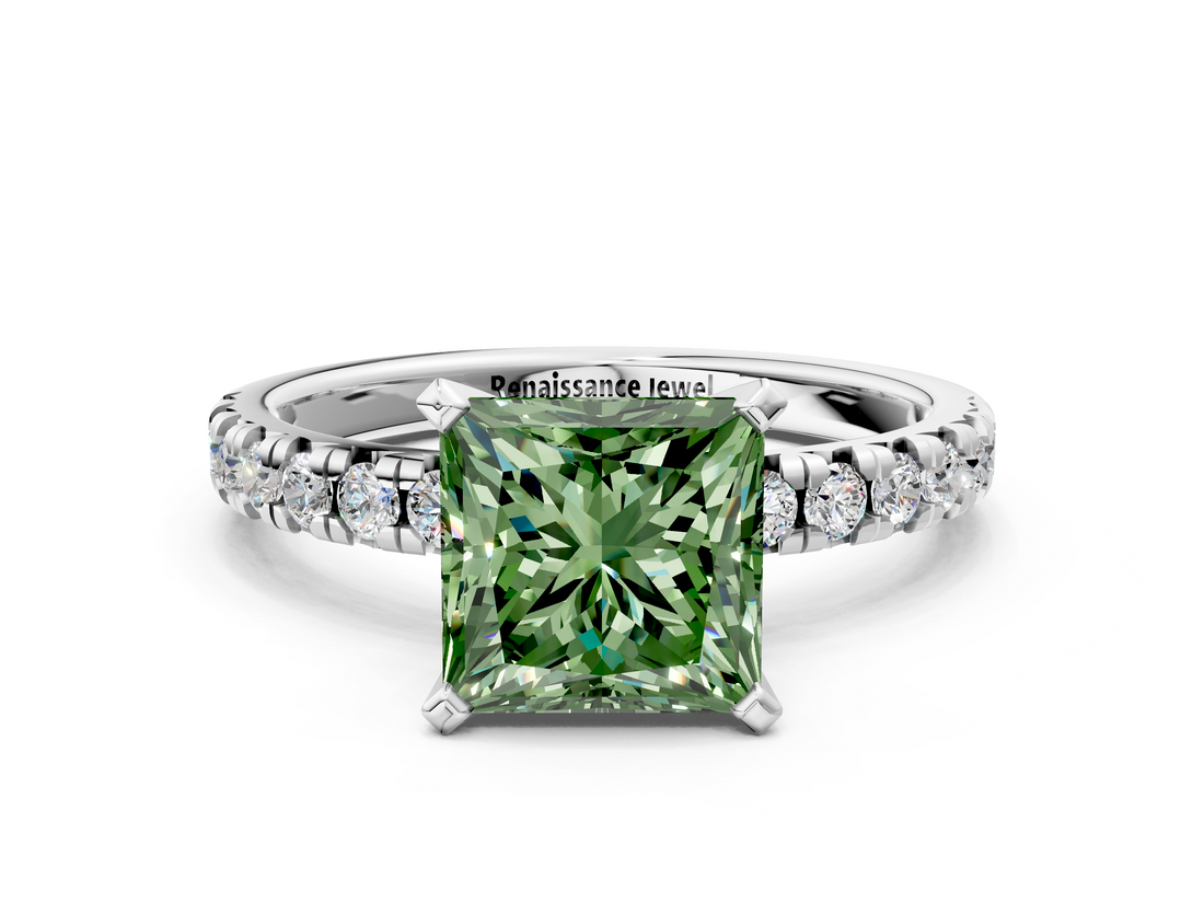 White gold Fancy Green Princess  Solitaire Pave Diamond Engagement Ring with Four-Prong Setting