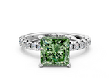 White gold Fancy Green Princess  Solitaire Pave Diamond Engagement Ring with Four-Prong Setting
