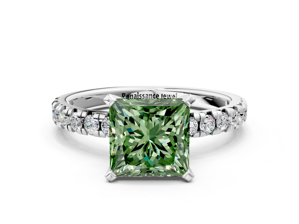 Platinum Fancy Green Princess  Solitaire Pave Diamond Engagement Ring with Four-Prong Setting