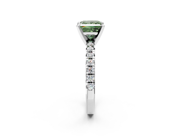 Platinum Fancy Green Princess  Solitaire Pave Diamond Engagement Ring with Four-Prong Setting