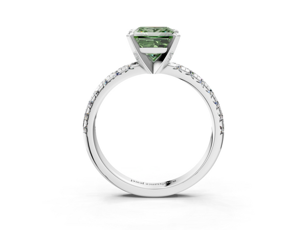 Platinum Fancy Green Princess  Solitaire Pave Diamond Engagement Ring with Four-Prong Setting
