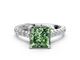 White gold Fancy Green Princess  Solitaire Pave Diamond Engagement Ring with Prong Setting