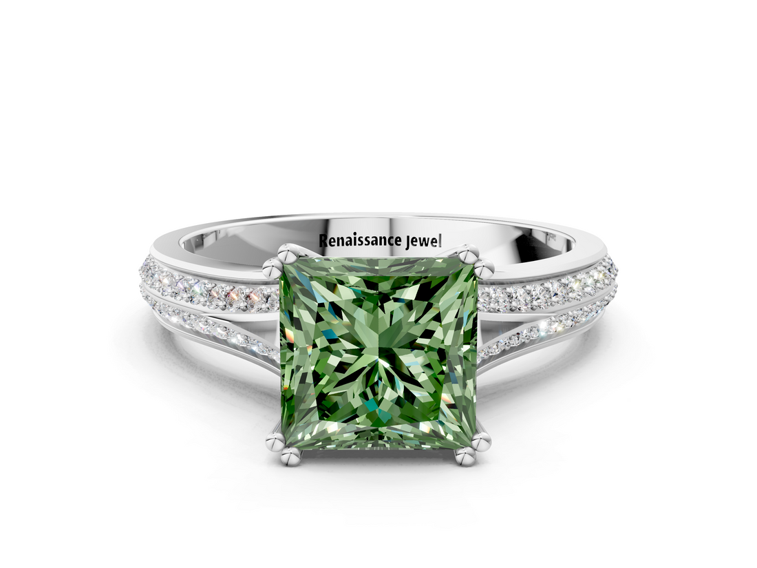 White gold Fancy Green Princess  Solitaire Pave Split Shank Engagement Ring with Six-Prong Setting