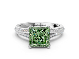 White gold Fancy Green Princess  Solitaire Pave Split Shank Engagement Ring with Six-Prong Setting