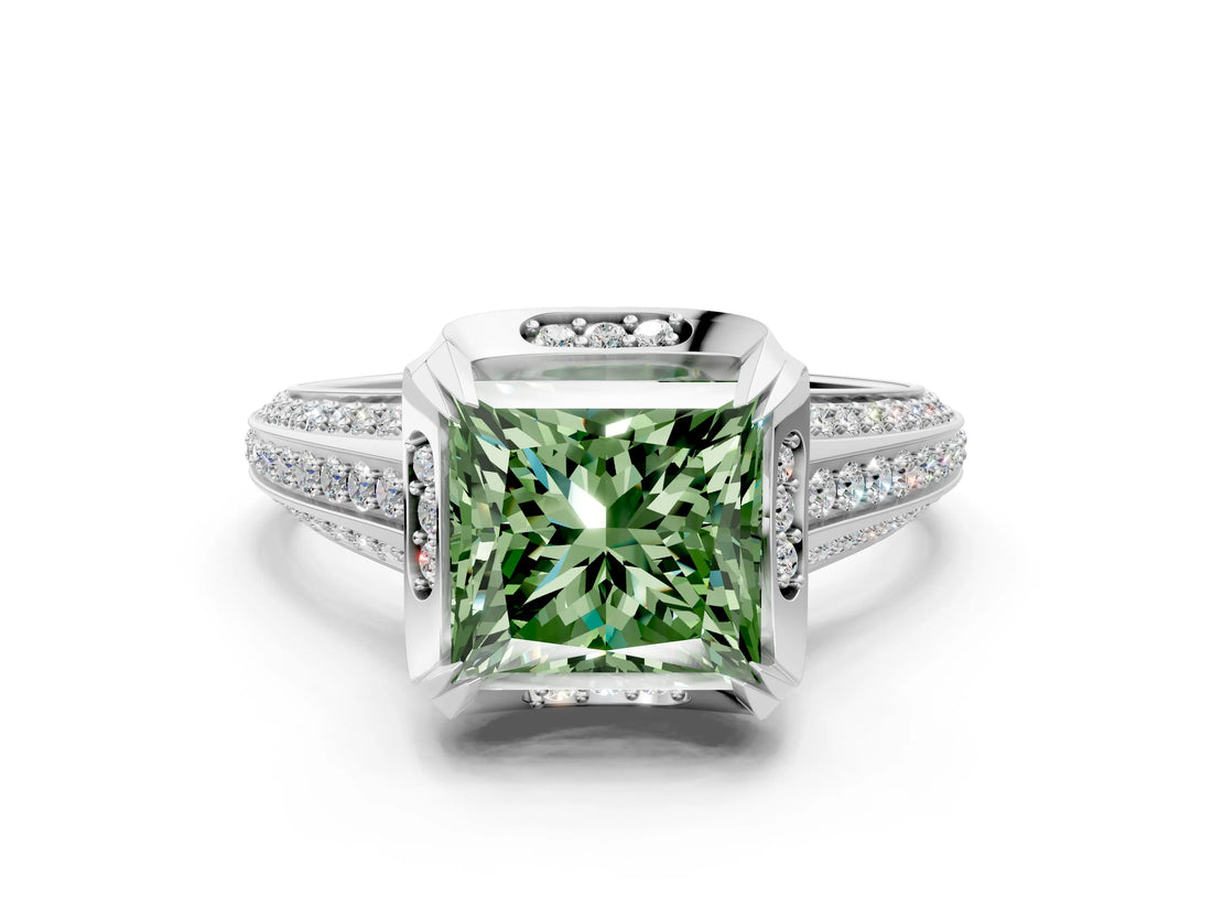 White gold Fancy Green Princess  Solitaire Pave Split Shank Ring with Four-Prong Setting_129